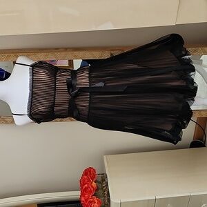 BCBGMAXAZRIA Black Nude Tan Balloon Pleated Mesh Spaghetti Strap Mini Dress Sz 8